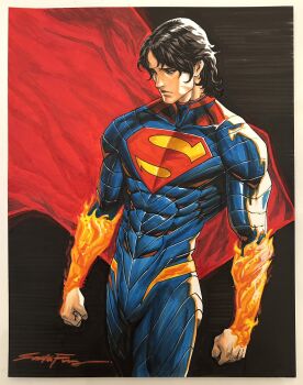 Rule 34 | 1boy, absolute dc, absolute superman, black background, black hair, blue bodysuit, blue eyes, bodysuit, border, cape, clenched hands, closed mouth, commentary, covered abs, dc comics, english commentary, hair behind ear, highres, looking down, male focus, medium hair, red cape, santa fung, signature, solo, superhero costume, superman, superman logo, toned, toned male, white border
