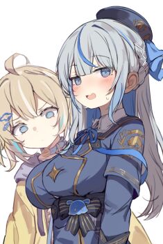 2girls ahoge amagai_ruka appare_hinata blonde_hair blue_eyes blue_hat blue_jacket blush breasts grey_hair hat highres jacket large_breasts long_hair looking_at_breasts multicolored_hair multiple_girls neck_ribbon open_mouth orobou ribbon simple_background streaked_hair upper_body weather_planet white_background