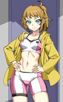 1girl absurdres bike_shorts blue_eyes blush breasts brown_hair cleavage gundam gundam_build_fighters gundam_build_fighters_try hands_on_own_hips highres hoshino_fumina jacket large_breasts legs looking_at_viewer medium_hair midriff navel open_clothes open_jacket ponytail seductive_gaze seductive_smile smile solo sports_bra stomach stretching sweat thighs two-tone_sports_bra