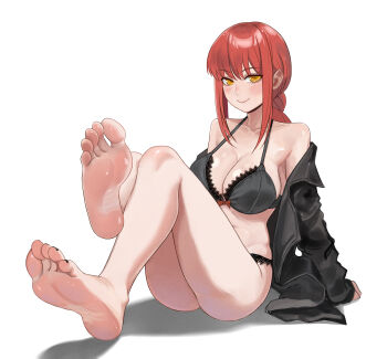 1girl absurdres barefoot blush bra braid chainsaw_man feet highres long_hair looking_at_viewer makima_(chainsaw_man) mimiminano panties red_hair single_braid smile soles toes underwear yellow_eyes