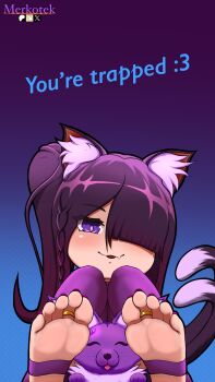 1girl absurdres animal_ears between_legs cat_ears cat_girl cat_tail feet fox fox_ears fur furry highres merkotek original purple_background purple_eyes purple_fur purple_hair purple_nails smile soles soles_female tail