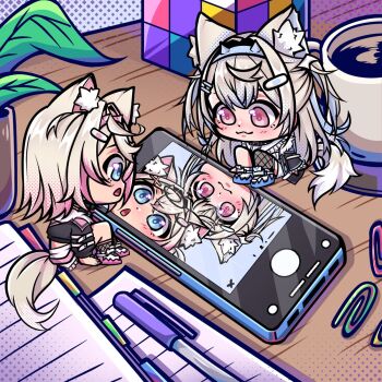 2girls :3 animal_ears bandaid bandaid_hair_ornament blonde_hair blue_eyes blush cellphone chibi chibi_only coaster coffee coffee_mug commentary cup desk dog_ears dog_girl dog_tail english_commentary fake_horns from_above from_side full_body fuwawa_abyssgard fuwawa_abyssgard_(1st_costume) hair_ornament halftone highres hololive hololive_english horns indoors kokohinarii looking_at_phone mini_person minigirl mococo_abyssgard mococo_abyssgard_(1st_costume) mug multicolored_hair multiple_girls notebook on_desk paperclip pen phone pink_eyes plant potted_plant rubik's_cube siblings sisters sitting smartphone streaked_hair tail twins virtual_youtuber wing_hair_ornament