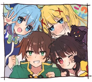 >:) 1boy 3girls :d ;q animal animal_on_head aqua_(konosuba) bare_shoulders black_cat black_choker black_gloves black_hair blonde_hair blue_eyes blue_hair blush brown_hair cape cat cat_on_head choker chomusuke clenched_hands closed_mouth collarbone commentary_request copyright_name darkness_(konosuba) eyes_visible_through_hair fingerless_gloves gloves green_background green_cape green_eyes grin hair_between_eyes hair_ornament hair_rings hands_on_own_cheeks hands_on_own_face hands_up kono_subarashii_sekai_ni_shukufuku_wo! long_hair megumin multiple_girls no_headwear nose_blush ok_sign on_head one_eye_closed open_mouth outstretched_hand ponytail portrait red_eyes satou_kazuma short_hair short_hair_with_long_locks sidelocks simple_background sketch smile tongue tongue_out upper_body v-shaped_eyebrows waving wavy_mouth x_hair_ornament yuno_(suke_yuno)