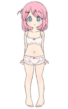1girl aqua_eyes arms_behind_back barefoot bocchi_the_rock! bow bow_panties bra closed_mouth collarbone embarrassed full_body gotoh_futari hair_bobbles hair_ornament hairclip heart heart_hair_ornament highres loli looking_at_viewer mel_(melty_pot) navel panties pink_hair short_hair simple_background solo stomach toes underwear wavy_mouth white_background white_bra white_panties