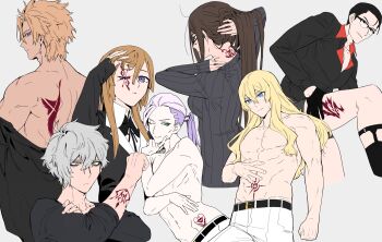 Rule 34 | 2girls, 5boys, absurdres, akuta hinako, arm at side, arm tattoo, arm up, back tattoo, bags under eyes, belt, beryl gut, black-framed eyewear, black belt, black eyes, black hair, black jacket, black ribbon, black shirt, black socks, blonde hair, blue eyes, boxers, brown hair, clenched hand, closed mouth, command spell, crossed bangs, crypters (fate/grand order), daybit sem void, facial tattoo, fate/grand order, fate (series), finger to cheek, flat color, glasses, green eyes, grey background, grey hair, grey male underwear, grey sweater, groin, hair between eyes, hair lift, hair slicked back, hand in own hair, hand on own leg, hand on own neck, hand on own stomach, hand up, highres, hip tattoo, hunyangzi, jacket, kadoc zemlupus, kirschtaria wodime, leg tattoo, legwear garter, long hair, looking ahead, looking back, looking down, looking to the side, looking up, male underwear, multicolored hair, multiple boys, multiple girls, neck piercing, neck ribbon, neck tattoo, one eye closed, ophelia phamrsolone, pants, parted bangs, parted lips, ponytail, purple eyes, purple hair, ribbed sweater, ribbon, scandinavia peperoncino, shirt, shirt partially removed, short hair, simple background, three-quarter sleeves, sleeves pushed up, smile, socks, stomach tattoo, sweater, tattoo, toned, toned male, topless male, two-tone hair, undercut, underwear, white pants, yellow eyes, yu mei-ren (fate)