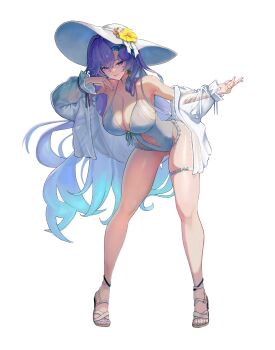 1girl absurdres alternate_costume bare_shoulders blue_eyes cantarella_(wuthering_waves) casual_one-piece_swimsuit commentary earrings facial_mark fingernails flower full_body hair_between_eyes halterneck hands_up hat hat_flower highres jacket jewelry leaning_forward looking_at_viewer mark_under_eye mole mole_under_eye nail_polish off_shoulder one-piece_swimsuit open_clothes open_jacket parted_lips purple_hair purple_nails sandals see-through_clothes see-through_jacket simple_background smile solo standing swimsuit thigh_strap thighs toenail_polish toenails toes uinref white_background white_hat white_jacket white_one-piece_swimsuit wuthering_waves