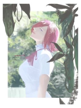 Rule 34 | 1girl, absurdres, curly eyebrows, dress, highres, looking at viewer, medium hair, one piece, outdoors, parted lips, pink hair, pink lips, profile, short hair, short sleeves, solo, sutaneko, vinsmoke reiju, white dress