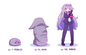 Rule 34 | 1girl, absurdres, agent 47, aya chan1221, boots, formal clothes, gloves, grey hair, highres, hololive, hololive english, koseki bijou, level up, long hair, mafia, meme, moai (koseki bijou), multicolored hair, necktie, pebble (koseki bijou), purple eyes, suit, that's how mafia works (meme), virtual youtuber, white background