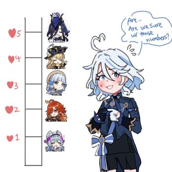 6+girls aiming aiming_at_viewer asymmetrical_gloves ayaka_(genshin_impact) bakeryowl black_shorts blonde_hair blue_eyes blue_hair blue_hat blue_streaks blush clorinde_(genshin_impact) closed_eyes commentary cup drop-shaped_pupils earrings english_commentary english_text furina_(genshin_impact) genshin_impact gloves grey_eyes gun hat hat_feather heart heterochromia highres holding holding_cup holding_gun holding_weapon index_fingers_together jewelry kiss_meter_(meme) mavuika_(genshin_impact) meme mismatched_gloves multiple_girls navia_(genshin_impact) open_mouth purple_hair red_eyes red_hair shorts simple_background smile speech_bubble symbol-shaped_pupils teacup weapon white_background white_gloves yumemizuki_mizuki yuri