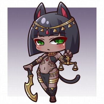 1girl absurdres animal_ears ankh balance_scale black_footwear black_hair blush breasts chibi closed_mouth commentary_request covered_navel fishnets full_body green_eyes grey_background highres holding holding_sword holding_weapon khopesh libra_(zodiac) looking_at_viewer original pelvic_curtain personification saishosaisekojo short_hair small_breasts solo standing sword tail weapon weapon_request weighing_scale zodiac