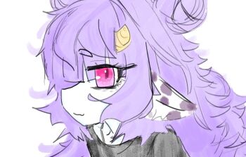 1girl animal_ears black_shirt chickenrex cow_ears double_bun from_side hair_bun horns long_hair muu_muyu phase_connect pink_eyes purple_hair shirt smile solo virtual_youtuber white_background