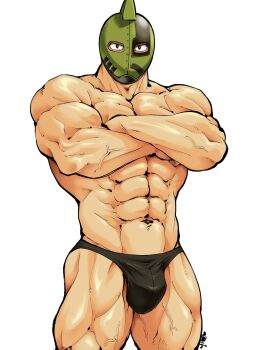 Rule 34 | 1boy, abs, bara, biceps, black male underwear, briefs, bulge, crossed arms, feet out of frame, highres, kinniku ataru, kinnikuman, kinnikuman soldier, large pectorals, looking at viewer, male focus, male underwear, mask, muscular, muscular legs, muscular male, navel, pectorals, shirako (kirupi), solo, stomach, thighs, topless male, underwear, underwear only, veins, white background