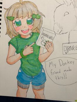 ahoge animal_well black_spats blue_shorts blush donkey dunkey english_text freckles highres indie_virtual_youtuber lily_hopkins pointing shorts spacemarine58 speech_bubble virtual_youtuber