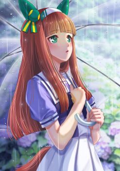 1girl animal_ears blue_eyes blunt_bangs blush bow commentary_request ear_covers flower green_eyes hairband highres hime_cut holding holding_umbrella horse_ears horse_girl horse_tail long_hair orange_hair orange_tail otono_(bkt4b) parted_lips purple_shirt rain sailor_collar sailor_shirt school_uniform shirt silence_suzuka_(umamusume) skirt solo tail tracen_school_uniform umamusume umbrella white_hairband white_sailor_collar white_skirt
