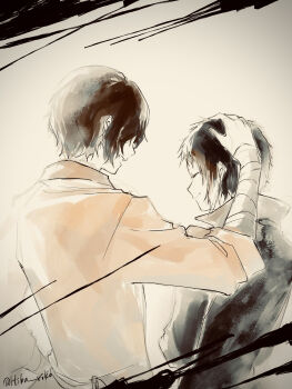 2boys akutagawa_ryuunosuke_(bungou_stray_dogs) bandaged_arm bandages black_coat black_hair brown_coat brown_hair bungou_stray_dogs closed_eyes closed_mouth coat commentary_request dazai_osamu_(bungou_stray_dogs) hand_on_another's_head height_difference hiba_riko highres looking_at_another male_focus multicolored_hair multiple_boys open_mouth short_hair smile twitter_username two-tone_hair upper_body white_hair