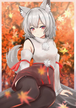 1girl :/ absurdres animal_ear_fluff animal_ears autumn belt black_leggings black_trim blurry blurry_background blurry_foreground border breasts closed_mouth commentary_request depth_of_field detached_sleeves falling_leaves feet_out_of_frame grey_hair hair_between_eyes highres inubashiri_momiji kuromiz large_breasts leaf leggings long_sleeves looking_at_viewer maple_leaf medium_hair no_headwear outdoors pom_pom_(clothes) red_belt red_eyes red_ribbon red_skirt ribbon ribbon-trimmed_sleeves ribbon_trim rock shirt sitting skirt solo tail touhou white_border white_shirt wide_sleeves wolf_ears wolf_girl wolf_tail yokozuwari