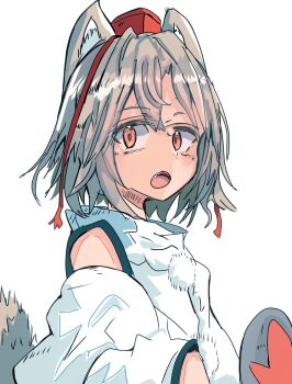 Rule 34 | 1girl, animal ears, commentary, detached sleeves, from side, grey hair, hat, highres, inubashiri momiji, looking at viewer, medium hair, open mouth, red hat, simple background, tail, th kajiya, tokin hat, touhou, upper body, white background, wolf ears, wolf girl, wolf tail