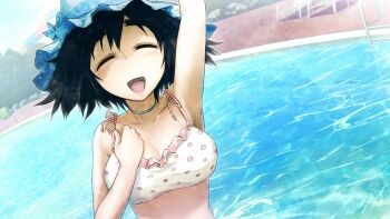 arm_up armpits bikini black_hair blue_choker blue_hat bob_cut bow breasts choker closed_eyes collar collarbone day dutch_angle frilled_bikini frilled_collar frills game_cg hand_on_own_chest happy hat hat_bow highres huke in_water large_breasts light_blush non-web_source official_art open_mouth pink_bikini pink_frills polka_dot polka_dot_bikini pool pool_ladder poolside science_adventure shiina_mayuri shiny_eyes steins;gate steins;gate:_my_darling's_embrace swimsuit tongue water waving_arm