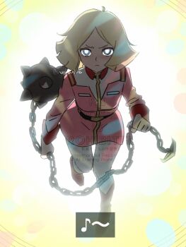 1girl artist_name ball_and_chain_(weapon) belt blonde_hair blue_eyes breasts chain commentary_request earth_federation earth_federation_space_forces flail gundam gundam_gquuuuuux highres holding holding_weapon jacket long_sleeves looking_at_viewer medium_breasts military military_uniform mobile_suit_gundam musical_note noah_(tettsui-sole) parody sayla_mass scene_reference short_hair solo spike_ball spiked_ball_and_chain spoilers twitter_username watermark weapon