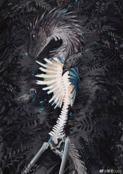absurdres animal animal_focus animal_skeleton bird blood blue_blood blue_eyes bone brown_feathers brown_tail corpse crow dinosaur eating feathers from_above highres luli_(crocowolf333) no_humans original plant ribs watermark weibo_watermark