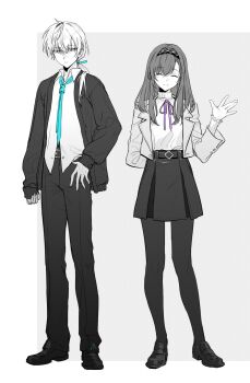 1boy 1girl \||/ ^_^ alternate_costume aqua_necktie arknights arm_at_side arm_behind_back belt belt_buckle buckle cardigan chinese_commentary closed_eyes commentary_request doctor_(anime)_(arknights) doctor_(arknights) grey_background greyscale hair_over_shoulder hairband hand_on_own_hip hetero highres jacket loafers long_hair looking_at_viewer low_ponytail male_doctor_(arknights) monochrome neck_ribbon necktie open_cardigan open_clothes open_jacket outside_border pants pantyhose ponytail priestess_(arknights) purple_ribbon ribbon shirt shoes simple_background skirt spot_color standing sweater sweater_tucked_in turtleneck turtleneck_sweater untucked_shirt waving yomi_tamashi