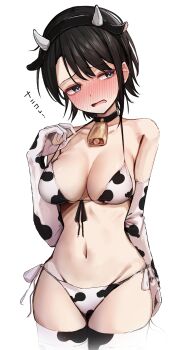 1girl absurdres animal_ears animal_print averting_eyes bell bikini black_hair blue_eyes blush breasts commentary_request cow_ears cow_horns cow_print cow_print_bikini cow_print_gloves cow_print_thighhighs cowbell cowboy_shot embarrassed fake_horns gloves highres hololive horns medium_breasts navel neck_bell oozora_subaru open_mouth print_bikini print_gloves print_thighhighs raised_inner_eyebrows rururaroru short_hair simple_background solo swept_bangs swimsuit thighhighs virtual_youtuber