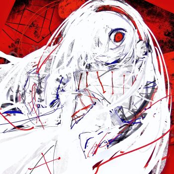 1girl akama_chlorine blending expressionless hair_over_one_eye hairband highres long_hair messy original parted_lips red_background red_eyes red_hairband scarf solo very_long_hair white_hair