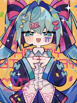1girl :d ahoge black_skirt black_sleeves blush_stickers bow center_frills collared_shirt commentary detached_sleeves dot_nose frills green_bow green_hair hair_bow hair_intakes hatsune_miku long_hair long_sleeves looking_at_viewer mid_(doa_3d) open_mouth pink_bow pleated_skirt shirt sidelocks signature skirt sleeve_bow sleeveless sleeveless_shirt smile solo sparkle striped_bow symbol-only_commentary twintails upper_body vocaloid white_shirt yellow_background
