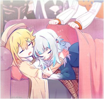 5girls absurdres blonde_hair couch covering_with_blanket gawr_gura gawr_gura_(1st_costume) hair_ornament highres holding hololive hololive_english holomyth its_still_kuno long_sleeves mori_calliope mori_calliope_(1st_costume) multiple_girls ninomae_ina&#039;nis ninomae_ina&#039;nis_(1st_costume) open_mouth short_hair sleeping sleeping_on_person takanashi_kiara takanashi_kiara_(1st_costume) virtual_youtuber watson_amelia watson_amelia_(1st_costume)