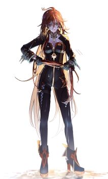 1girl absurdres ahoge biker_clothes bikesuit black_bodysuit black_gloves bodysuit breasts closed_mouth drying drying_hair earrings genshin_impact gloves high_heels highres if0208 jewelry long_hair mavuika_(genshin_impact) multicolored_hair orange_hair red_hair solo sun_earrings symbol_in_eye two-tone_hair very_long_hair wet wet_clothes wet_hair white_background