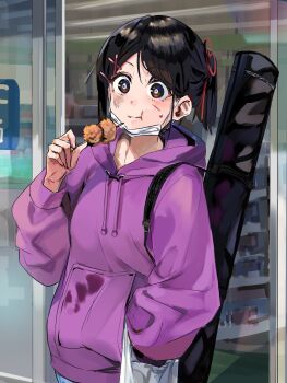 1girl bag black_hair brown_eyes commentary_request convenience_store cowboy_shot eating food funi_mu9 hair_behind_ear hair_ornament hair_ribbon hairclip hand_in_pocket highres hood hood_down hoodie long_sleeves looking_at_viewer original plastic_bag puffy_sleeves purple_hoodie red_ribbon ribbon scrape shop single_sidelock solo sweatdrop x_hair_ornament