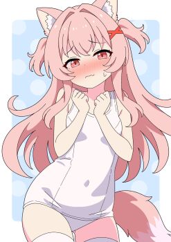 1girl animal_ears blue_background blush border breasts closed_mouth commentary_request contrapposto covered_navel cowboy_shot dog_ears dog_tail embarrassed fang frown hair_ornament hands_on_own_chest highres long_hair looking_at_viewer nose_blush old_school_swimsuit one-piece_swimsuit original outside_border pink_hair pink_tail polka_dot polka_dot_background red_eyes school_swimsuit school_swimsuit_flap skin_fang small_breasts sweatdrop swimsuit tail thighhighs two_side_up wavy_mouth white_border white_one-piece_swimsuit white_thighhighs x_hair_ornament yuu-chan_(inugamikenoy) yuu-kun_(inugamikenoy)