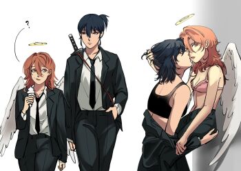2girls ? angel angel_devil_(chainsaw_man) angel_wings black_bra black_eyes black_hair black_jacket black_necktie black_pants bra brown_eyes brown_hair ceruleanblood chainsaw_man collared_shirt commentary english_commentary genderswap genderswap_(mtf) halo hand_in_pocket hayakawa_aki highres jacket long_hair medium_hair multiple_girls necktie pants pink_bra ponytail shirt suit_jacket traditional_halo underwear white_shirt white_wings wings yuri