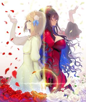 Rule 34 | 2girls, black hair, blonde hair, blue bow, blue hair, bow, breasts, closed mouth, colored inner hair, commentary request, constance grail, dress, eris no seihai, falling petals, flower, green dress, green eyes, hair bow, hair flower, hair ornament, highres, holding hands, interlocked fingers, large breasts, long hair, long sleeves, medium hair, multicolored hair, multiple girls, official art, petals, purple eyes, red dress, red flower, red petals, red rose, rose, scarlet castiel, smile, very long hair, white flower, white petals, white rose, yuunagi (seventh heaven)