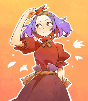 1girl black_skirt breasts brown_hairband commentary_request cowboy_shot gradient_background hair_ornament hairband hand_up leaf_hair_ornament medium_breasts medium_hair orange_background outline puffy_short_sleeves puffy_sleeves purple_hair red_eyes red_shirt rope_belt rope_necklace shirt short_sleeves skirt solo touhou white_outline yasaka_kanako ziro_(daydozen)