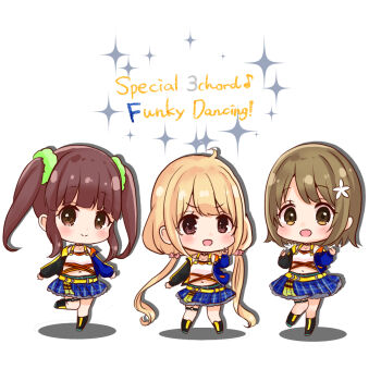 Rule 34 | 3girls, :d, belt, black boots, black jacket, blonde hair, blue jacket, blue skirt, boots, brown eyes, brown hair, chibi, closed mouth, commentary request, flower, futaba anzu, hair flower, hair ornament, highres, idolmaster, idolmaster cinderella girls, idolmaster cinderella girls starlight stage, jacket, long hair, long sleeves, low twintails, mimura kanako, multiple girls, ogata chieri, open clothes, open jacket, open mouth, plaid clothes, plaid skirt, pleated skirt, puffy long sleeves, puffy sleeves, rino cnc, shadow, simple background, skirt, sleeves past wrists, smile, sparkle, standing, standing on one leg, twintails, very long hair, white background, white flower, x navel, yellow belt