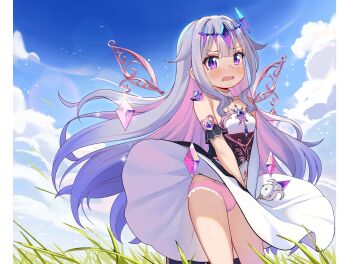 1girl absurdres blue_sky blush chest_jewel cloud day dress face_jewel gem_hair_ornament highres hololive hololive_english jewel_under_eye koseki_bijou loli luxuriou_s metal_wings outdoors paid_reward_available panties pink_panties purple_eyes purple_hair simple_bird sky solo underwear virtual_youtuber white_dress wind wind_lift