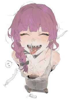 arms_behind_back black_bow bocchi_the_rock! bow braid breasts cleavage closed_eyes downblouse dress forked_tongue green_dress highres hiroi_kikuri le_(szs0k) liquid saliva sharp_teeth smile speech_bubble teeth tongue tongue_out white_background