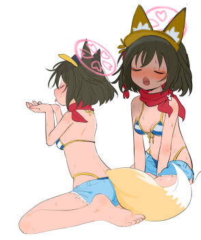 1girl animal_ear_fluff animal_ears barefoot bikini black_hair blue_archive blush breasts closed_eyes cupping_hands denim denim_shorts fox_ears fox_girl fox_tail grey_background halo highres izuna_(blue_archive) izuna_(swimsuit)_(blue_archive) kokaki_mumose medium_breasts multiple_views open_mouth oral_invitation own_hands_together red_scarf scarf short_shorts shorts simple_background sitting striped_bikini striped_clothes swimsuit tail tongue tongue_out visor_cap waiting_for_cum wariza