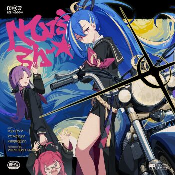 3girls :d =_= ^_^ ahoge album_cover ashwind_clan_(stella_sora) bike_shorts bike_shorts_under_skirt black_hairband black_sailor_collar black_serafuku black_shirt black_shorts black_skirt blonde_hair blue_hair closed_eyes cover dragging expressionless flipped_hair game_cg hair_between_eyes hairband highres leaning leaning_against_motorcycle long_hair long_skirt long_sleeves looking_at_viewer minova_(stella_sora) motor_vehicle motorcycle multicolored_hair multiple_girls neuvira_(stella_sora) non-web_source official_alternate_costume official_art open_mouth pleated_skirt purple_eyes purple_hair raised_inner_eyebrows sailor_collar school_uniform serafuku shirt shorts shorts_under_skirt side_slit skirt smile standing stella_sora streaked_hair two_side_up very_long_hair vollara_(stella_sora)