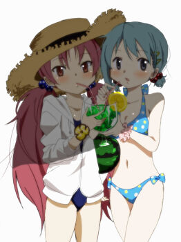 10s 2girls alternate_hairstyle bikini bikini_under_clothes blue_eyes blue_hair blush drinking drinking_straw food fruit fumiko_(mesushi) glass hair_bobbles hair_ornament hairclip hat holding hood hoodie lemon lemon_slice long_hair looking_at_viewer mahou_shoujo_madoka_magica mahou_shoujo_madoka_magica_(anime) miki_sayaka multiple_girls navel one-piece_swimsuit polka_dot polka_dot_bikini polka_dot_swimsuit red_eyes red_hair sakura_kyoko shared_drink short_hair short_twintails straw_hat swimsuit swimsuit_under_clothes twintails watermelon white_background