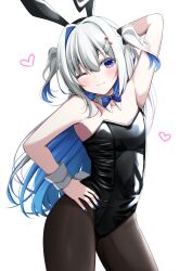 Rule 34 | 1girl, amane kanata, bare shoulders, breasts, cleavage, grey hair, hololive, kamesys, multicolored hair, one eye closed, rabbit ears, simple background, solo, streaked hair