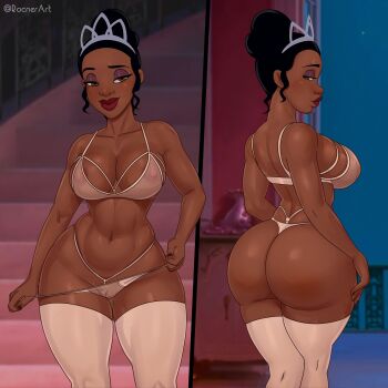 ass ass_focus black_hair bra breasts brown_eyes dark-skinned_female dark_skin disney female_pubic_hair from_behind hair_bun highres huge_ass large_breasts looking_at_viewer navel nipples panties pubic_hair pussy red_lips rocner see-through_bra see-through_clothes see-through_panties smile the_princess_and_the_frog_(disney) thick_lips thick_thighs thighhighs thighs tiana_(the_princess_and_the_frog) tiara underwear white_panties white_thighhighs wide_hips