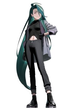 1girl 987645321o black_boots black_gloves black_pants boots clothing_cutout ear_piercing earrings gloves grey_jacket hashtag-only_commentary highres jacket jewelry long_hair looking_at_viewer midriff multiple_earrings navel necklace nintendo official_alternate_costume official_alternate_hairstyle pants piercing pokemon pokemon_masters_ex pokemon_sv rika_(palentine's_2026)_(pokemon) rika_(pokemon) simple_background solo stomach_cutout very_long_hair