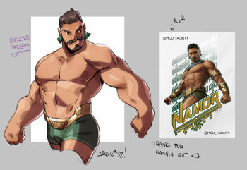 1boy absurdres arts_of_indiego bara black_panther:_wakanda_forever black_panther_(series) bulge cropped_legs dark-skinned_male dark_skin earrings facial_hair goatee green_male_swimwear highres jewelry large_pectorals looking_to_the_side male_focus male_swimwear marvel mature_male muscular muscular_male mustache namor navel nipples pectorals pointy_ears reference_inset short_hair solo standing stomach thick_mustache topless_male tribal