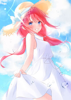1girl absurdres alternate_costume bare_arms blue_bow blue_eyes blue_sky blush bow breasts cloud cowboy_shot day dress eyelashes floating_hair from_side grin hair_between_eyes hat hat_bow highres lens_flare long_hair looking_at_viewer low_twintails outdoors rain_re_a re:zero_kara_hajimeru_isekai_seikatsu red_hair ribbon sidelighting sidelocks skirt_hold sky sleeveless sleeveless_dress smile solo standing straw_hat summer sun_hat sundress sunlight teeth theresia_van_astrea twintails water_drop white_bow white_dress