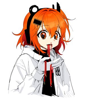 1girl a.i._voice adachi_rei black_shirt broken_cable cable cable_in_mouth cropped_torso gloves hand_up headlamp headphones highres holding holding_cable hood hood_down hooded_jacket jacket medium_hair one_side_up open_clothes open_jacket open_mouth orange_eyes orange_hair paldu shirt simple_background solo upper_body utau white_background white_gloves white_jacket
