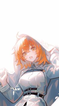 1girl ahoge belt black_belt bloom breasts chaldea_logo cloak collared_dress dress fang fate/grand_order fate_(series) fujimaru_ritsuka_(female) highres holding_cloak lolvivianli long_sleeves looking_at_viewer medium_breasts open_mouth orange_eyes orange_hair overlighting skin_fang smile solo teeth upper_body white_cloak