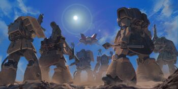 absurdres albion_(gundam) arm_up artist_name bazooka_(gundam) blue_sky cloud commentary commission day desert dom_tropen english_commentary from_behind from_below gm_custom gun gundam gundam_0083 highres holding holding_gun holding_weapon icemarv14 lens_flare mecha mecha_focus mobile_suit no_humans outdoors robot sand science_fiction shoulder_spikes sky spacecraft spikes standing sturm_faust sun thrusters weapon zaku_ii zaku_ii_f2