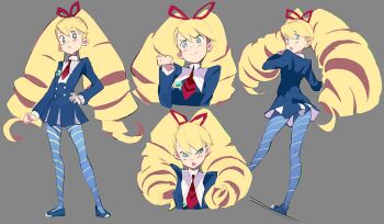 1girl blonde_hair blue_dress blue_pantyhose blush bow commentary dress drill_hair eccomicco english_commentary grey_background hair_bow hand_on_own_hip long_hair luna_platz_(mega_man) mega_man_(series) mega_man_star_force_(series) multiple_views pantyhose simple_background smile striped_clothes striped_pantyhose twin_drills very_long_hair